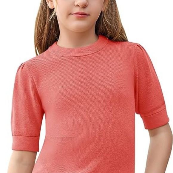 Girls Puff Short Sleeve Sweaters Crew Neck Pullover Knit Sweater Cute Ribbed - Picture 1 of 4